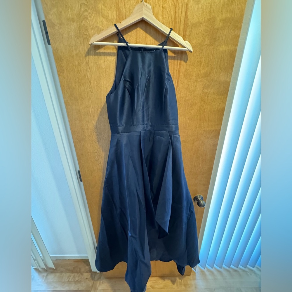 Lulus Navy Blue High-Low Formal Dress | Satin Taffeta Halter Gown | Size M | NWT
